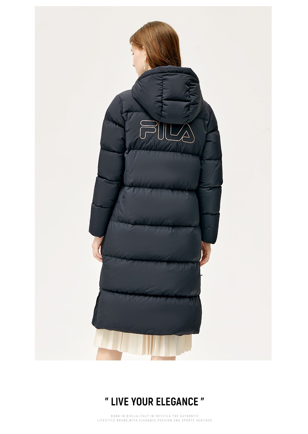 fila斐乐官方女士羽绒服年冬季新款中长款保暖外套上衣正黑色bk17592