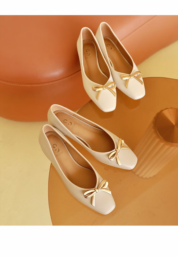 卓诗尼女鞋新款粗跟蝴蝶结单鞋女仙女风温柔浅口软底豆豆鞋米白色37