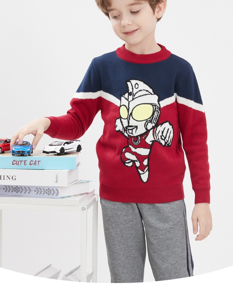 男童毛衣奥特曼儿童秋冬棉加绒加厚毛线衣宝宝厚针织打底衫童装 3层加