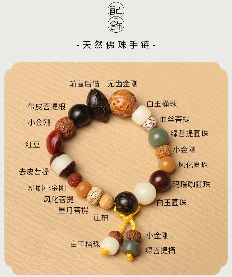 灵月阁原创设计十八子佛珠手串菩提子配饰文玩木珠女款民族风饰品黄玉