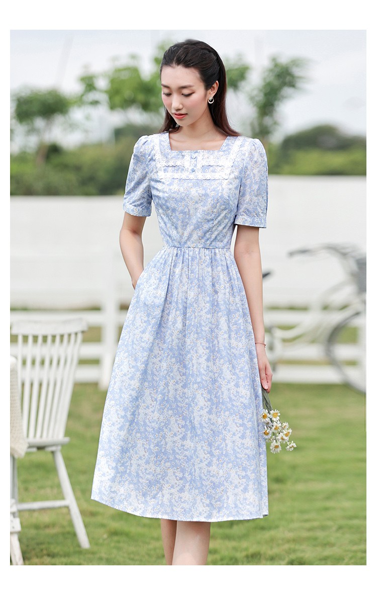 勿忘花纯棉碎花连衣裙女夏季新款复古气质收腰泡泡袖裙子 蓝色 m