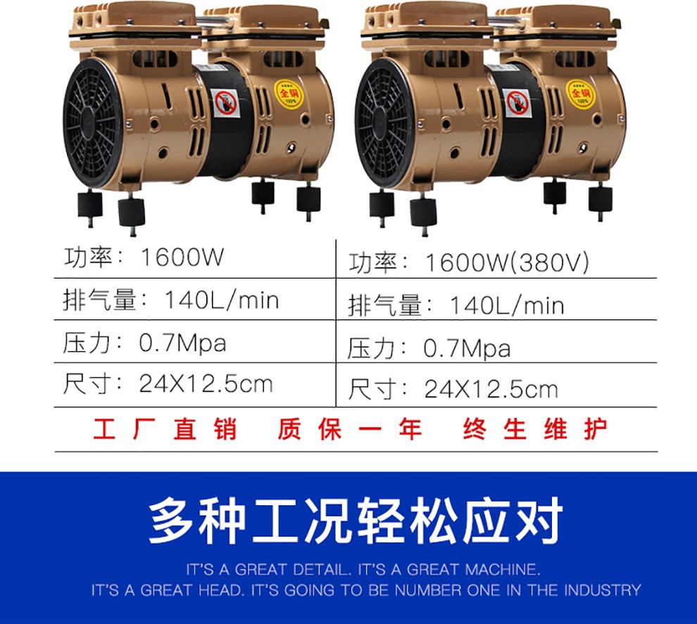 飞豹feibao静音无油空压机机头电机380v气泵配件全铜线双缸600w800w