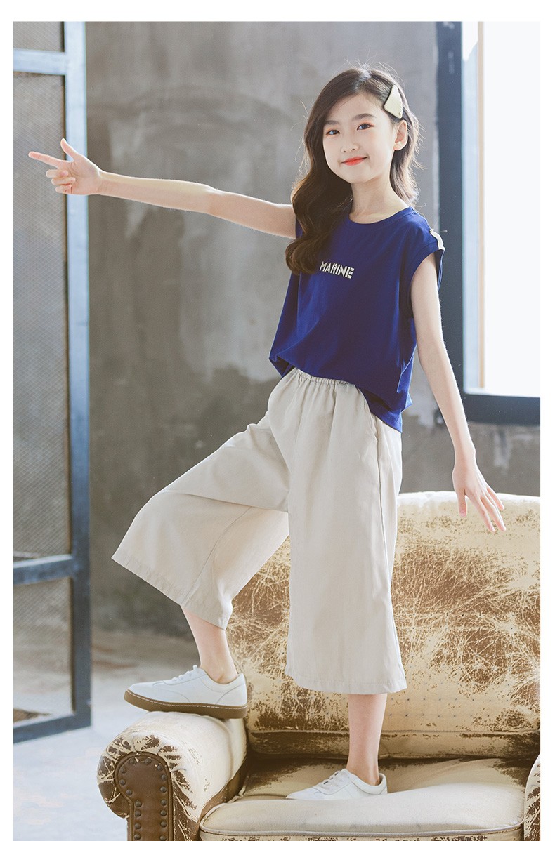 13岁女孩12衣服洋气时髦阔腿裤两件套蓝白阔腿套装130建议身高125cm