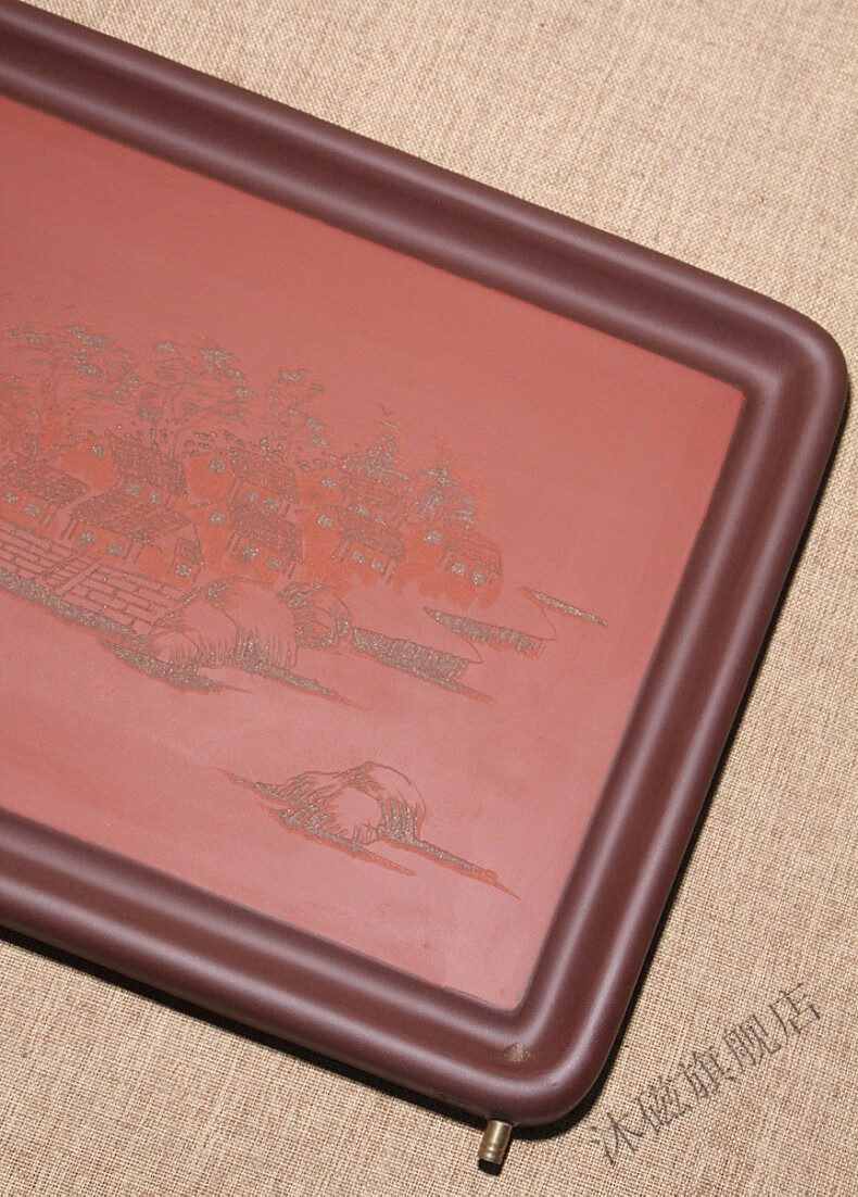 沐磁 宜兴紫砂茶盘手工刻绘小桥流水人家中式茶海家用纯色排水单层茶