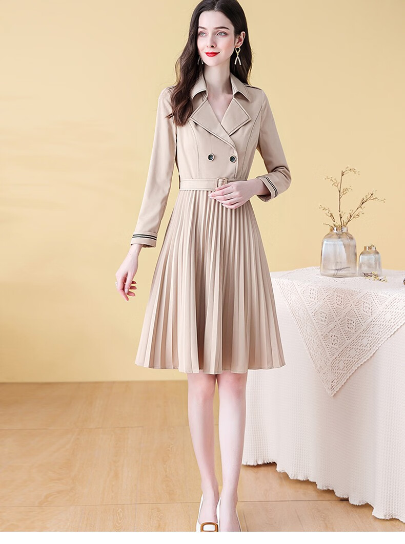 珂曼苏品牌女装英伦风卡其色连衣裙中长款春装2022年新款时尚收腰