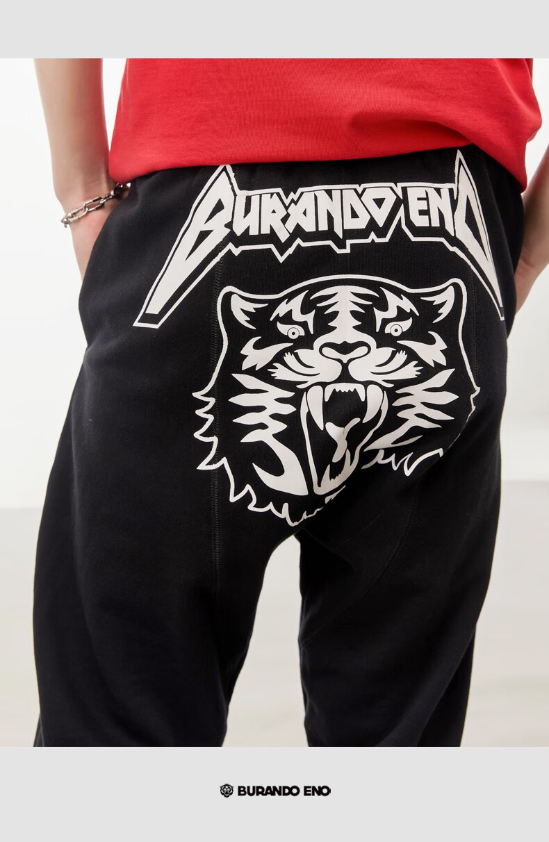 burandoeno潮牌虎头男裤休闲卫裤黑色个性老虎头时尚长裤eaask3221130