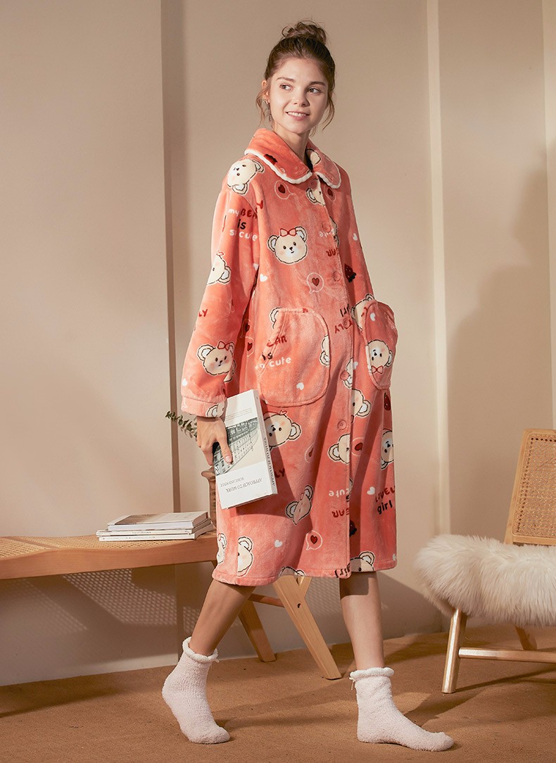 秋鹿睡衣女抗静电秋冬加厚保暖珊瑚绒睡袍女宽松法兰绒家居服浴袍杏红