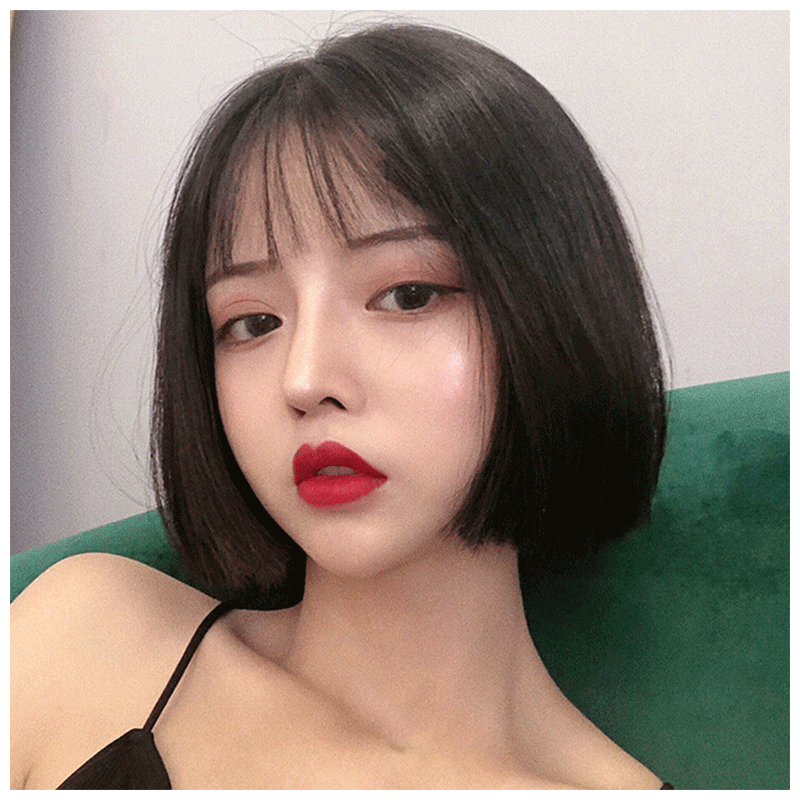 天使丝丝假发女短发bobo头网红少女内扣波波头空气刘海全头套式黑茶色