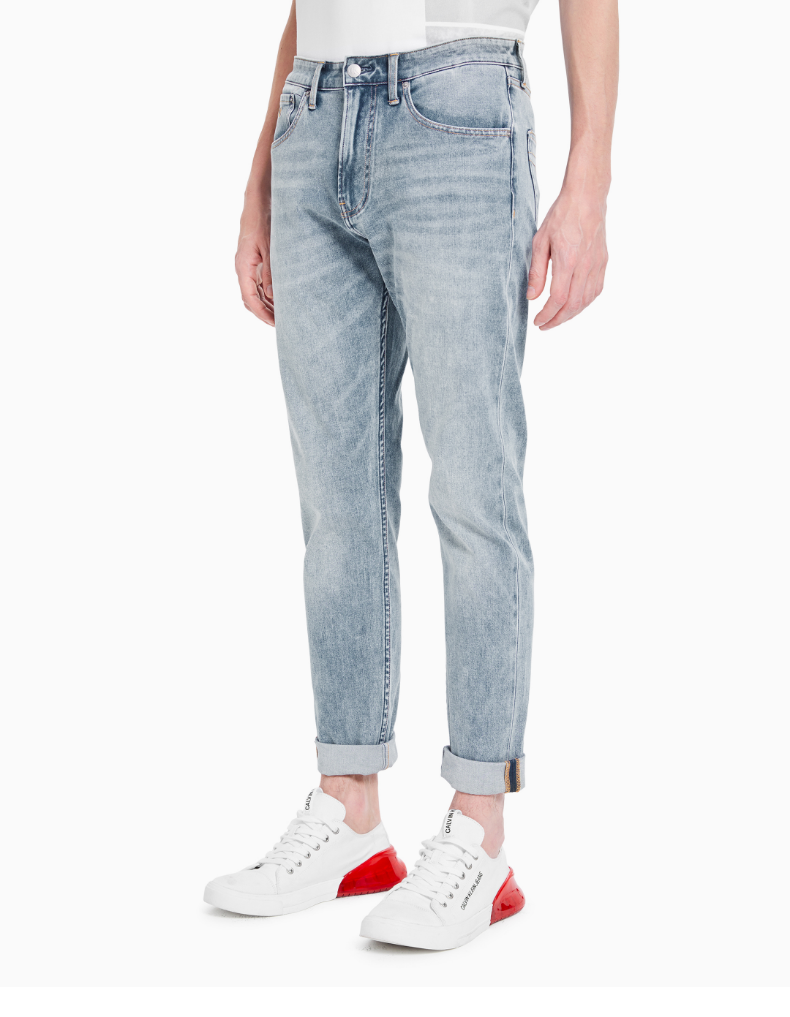 ckjeans2021秋冬男装浅蓝色水洗楔形版卷边微弹牛仔裤j3182821aa蓝色