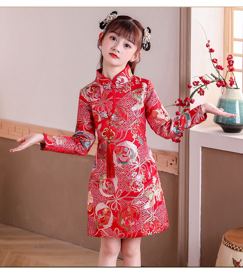 加厚中大童连衣裙汉服唐装小女孩过年衣服红色加绒160码建议身高150cm