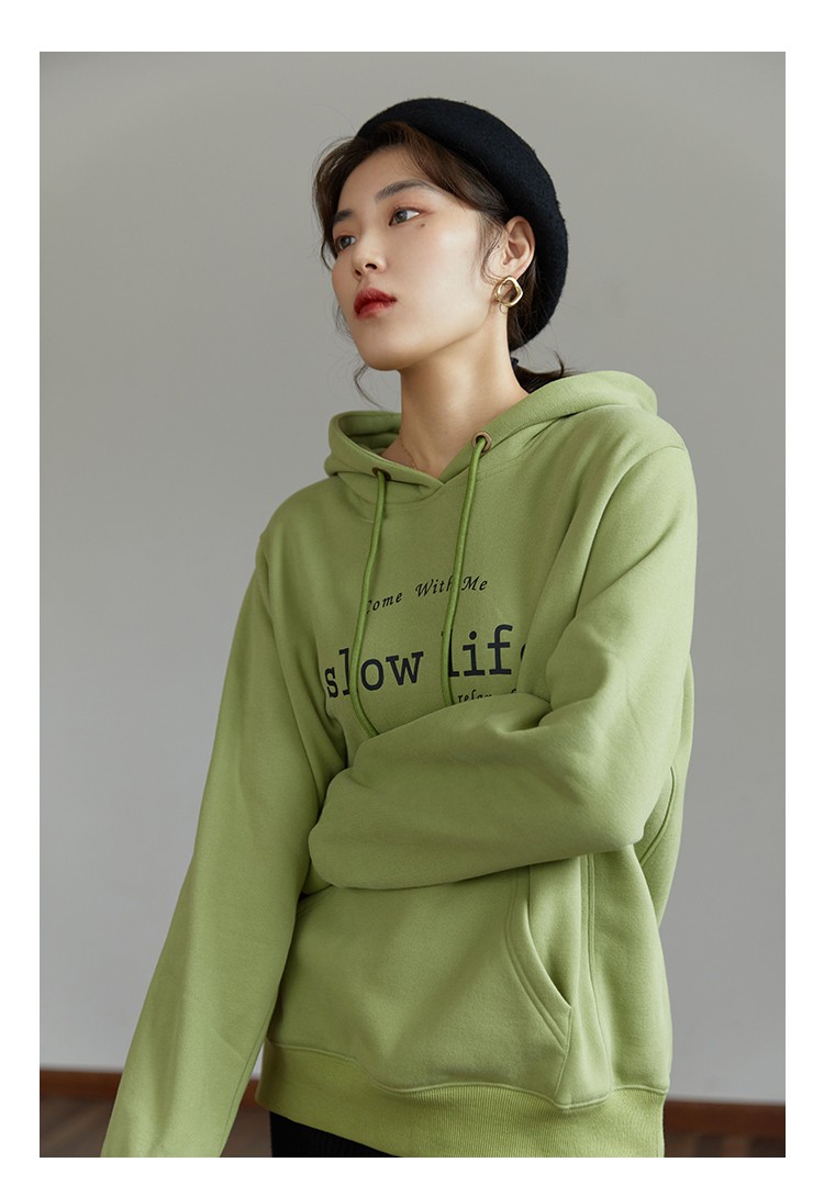 独束大码女装牛油果绿针织加绒连帽卫衣女2021年秋冬新款休闲套头衫21
