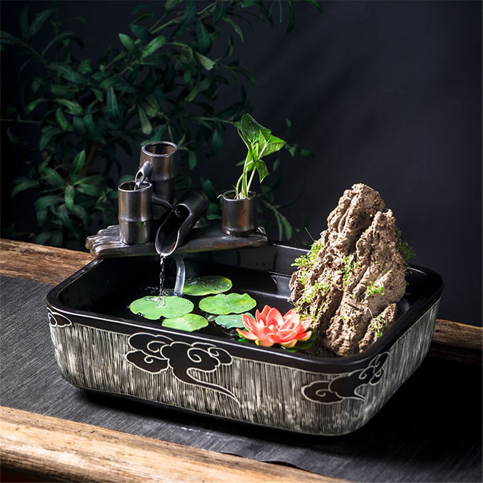 万匠阁大型陶瓷流水鱼缸摆件水缸阳台造景水循环鱼缸办公室客厅养鱼缸