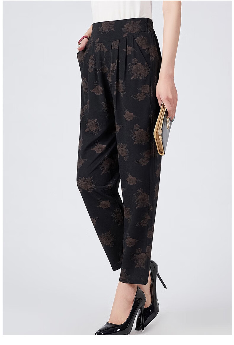 秋星福中老年女裤夏季薄款九分裤妈妈裤子宽松哈伦裤大码印花奶奶裤