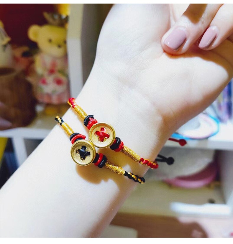 萃宝荷 黄金纽扣手链黑金扭转乾坤999足金扣子转运珠编织男女情侣款