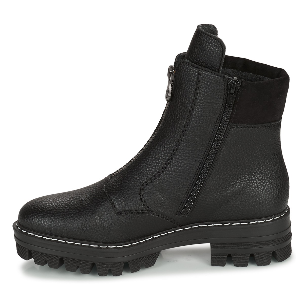 rieker女靴时尚短筒靴马丁靴松糕底前拉链圆头皮靴黑色2021秋冬新款