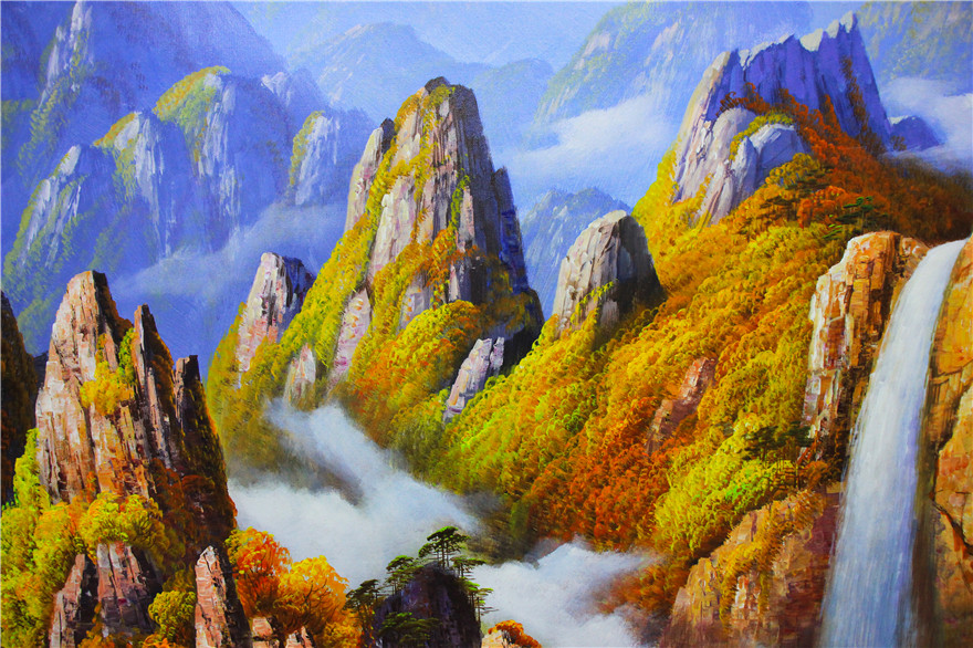 朝鲜一级画家 姜有成《崇山峻岭》风景油画 装饰收藏 7080