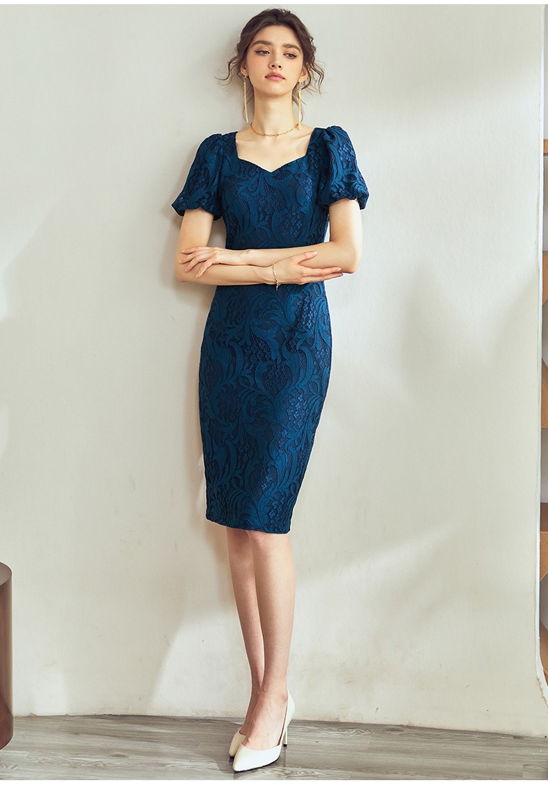 罗衣优雅泡泡袖蕾丝连衣裙女夏装新款孔雀蓝修身包臀裙04398孔雀蓝l