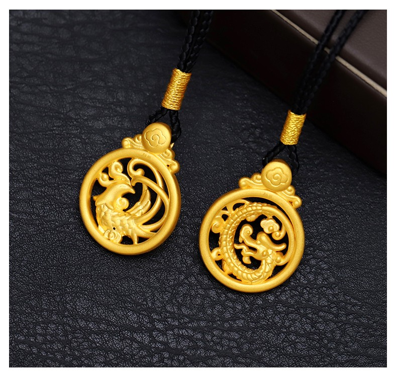 萃宝荷黄金龙凤呈祥情侣吊坠3d硬金凤凰项链999足金男女款龙牌挂坠