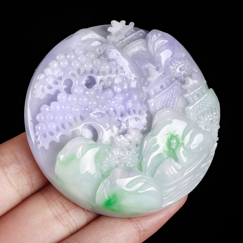 冰芝玉翡翠珠宝春带彩山水牌8187g