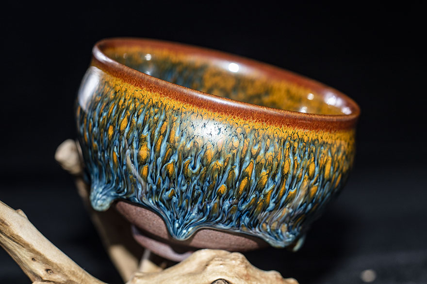 多颗釉泪金丝蓝孔雀曹伟俊建阳建盏礼盒装口径9b64