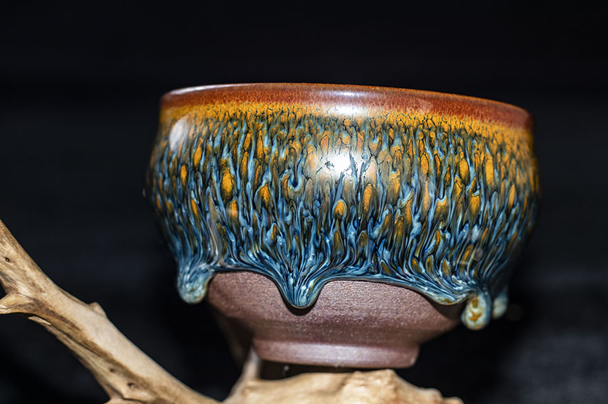 多颗釉泪金丝蓝孔雀曹伟俊建阳建盏礼盒装口径9b64