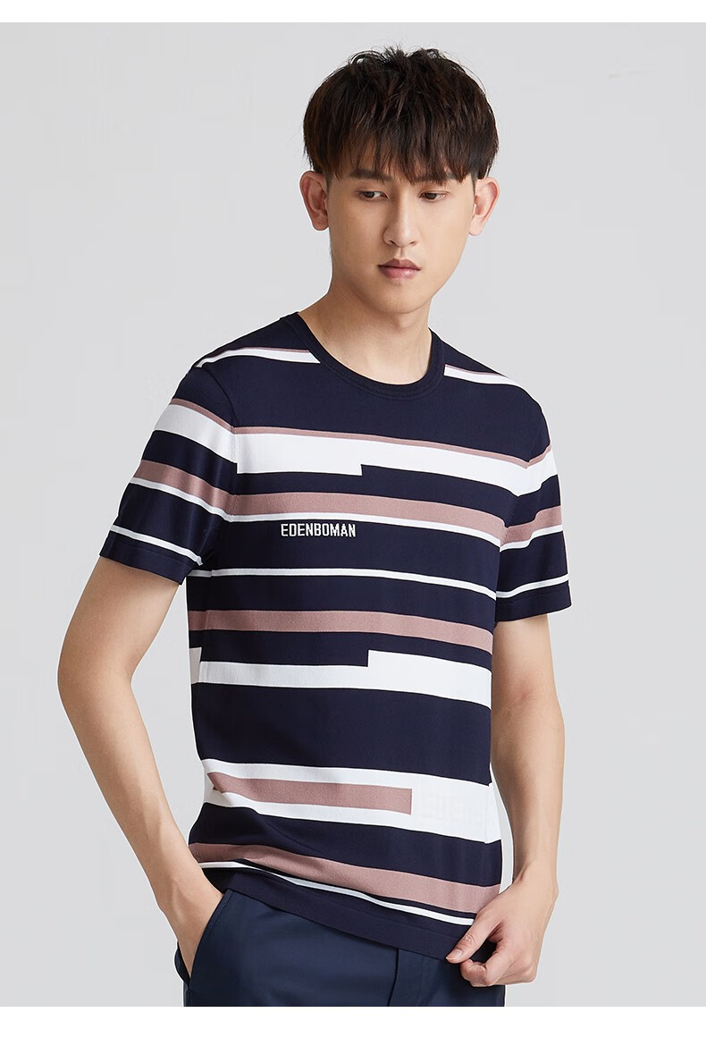 群豪男装夏季新款短袖针织衫男士时尚休闲线衫圆领条纹半袖t恤a11627y