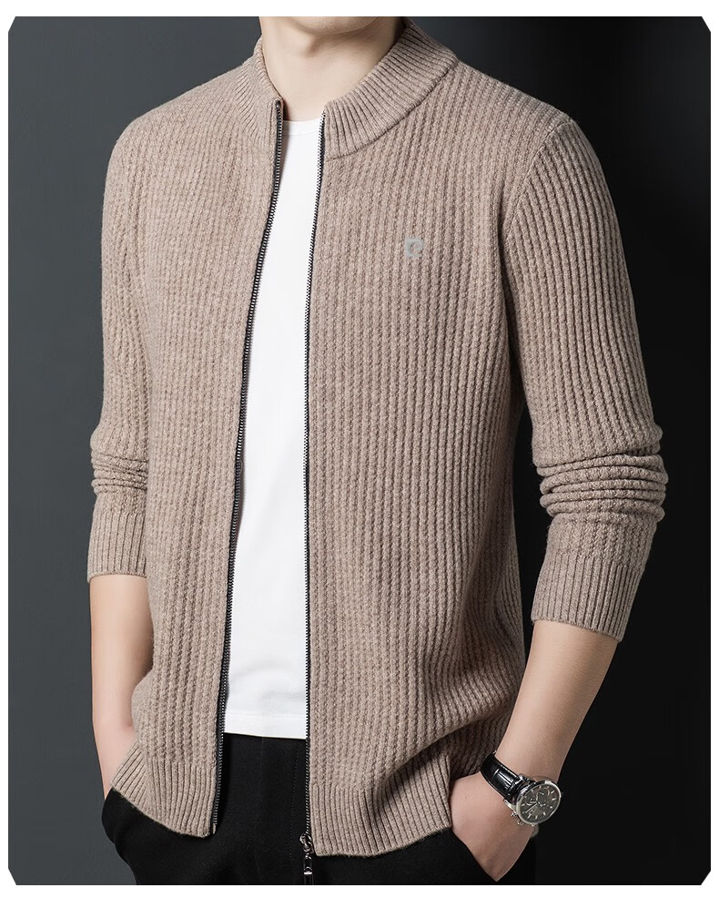 皮尔卡丹纯羊绒衫男开衫冬季新品男士立领纯色百搭提花时尚山羊绒开衫