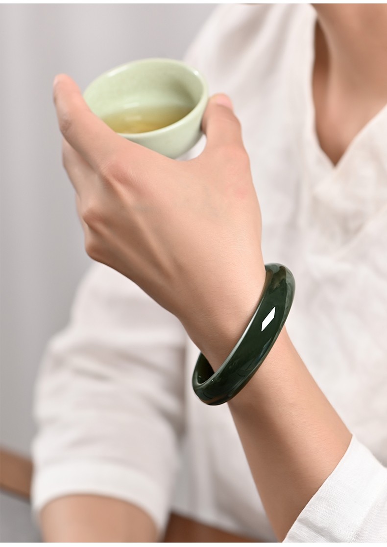 玉华情和田玉手镯女士玉镯子青玉细料玉石宽条圆镯送妈妈送女友圈口