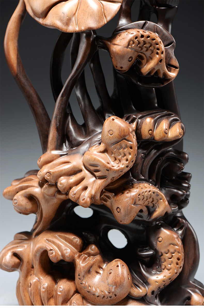 艺永轩黑檀木雕刻年年有鱼根雕荷花摆件总经理办公室桌面客厅玄关家居