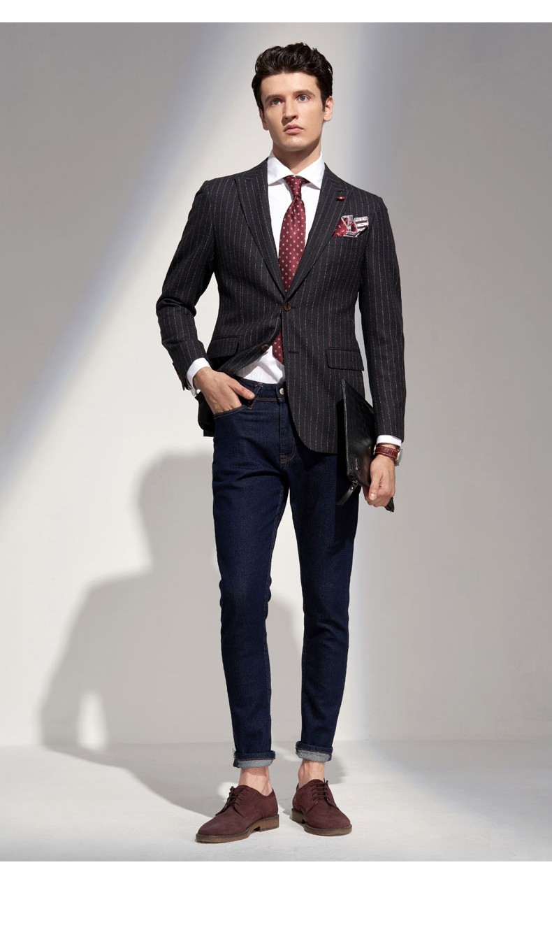 诺丁山西装外套男黑色亮线条纹潮流网红复古羊毛西服男na780242 中灰