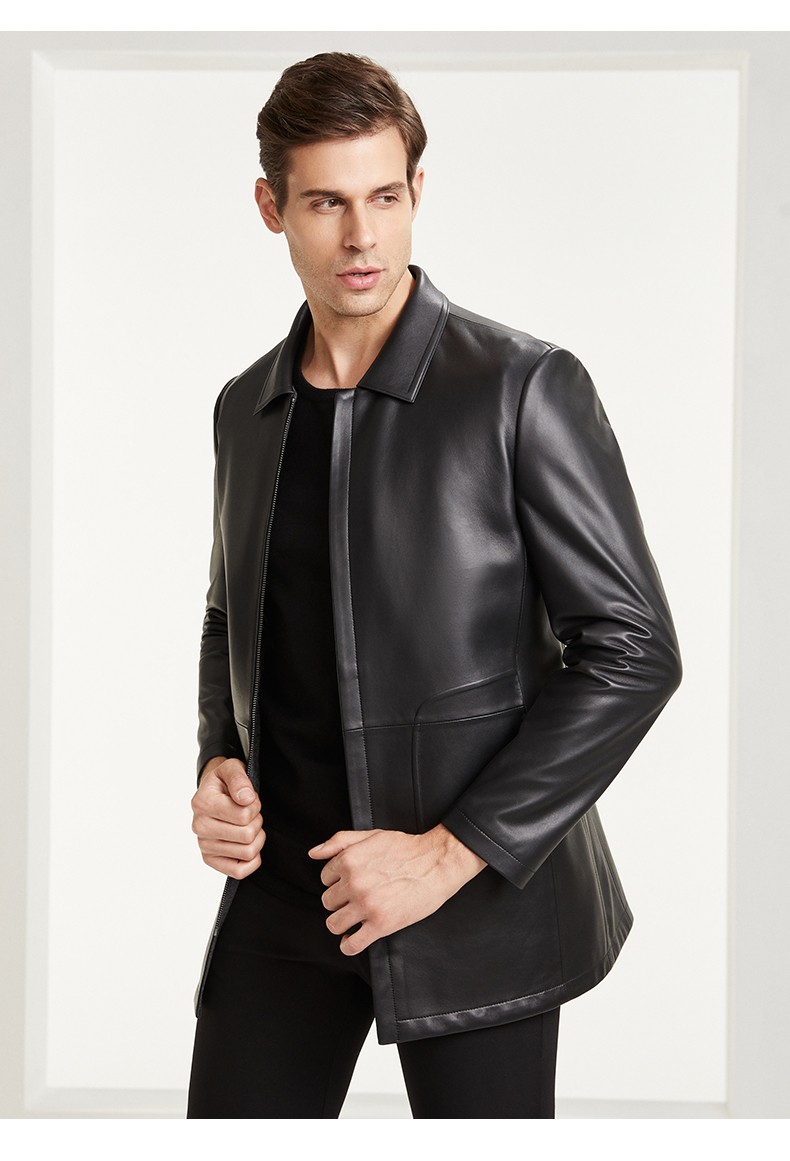 雪豹男士皮夹克中长款翻领真皮皮衣男帅气潮流绵羊皮外套黑色180100a