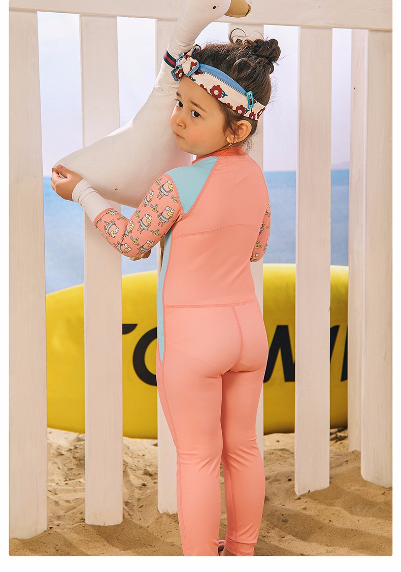 toswim儿童泳衣连体长袖速干防晒小中童游泳衣粉色桑巴110cm