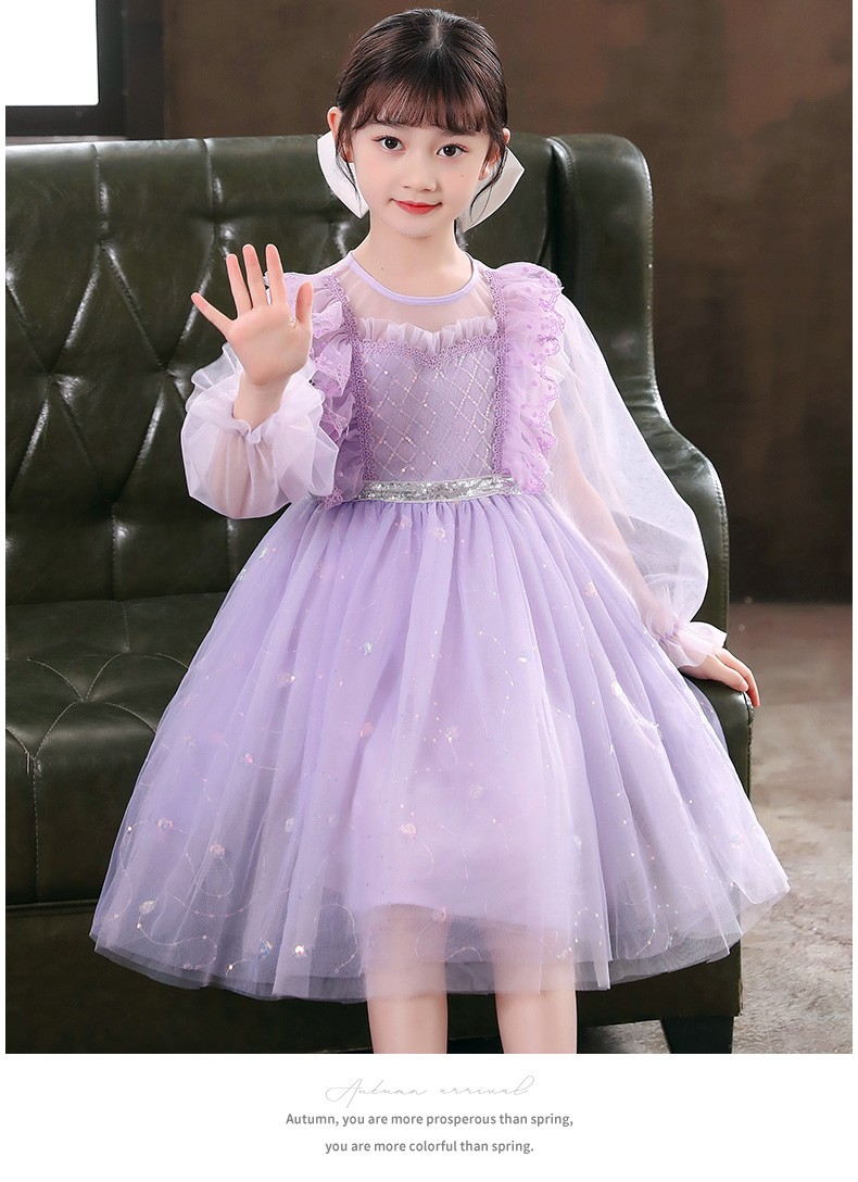 女童春装公主裙长袖纱裙蓬蓬裙女中童春季连衣裙儿童洋气裙子女孩紫色