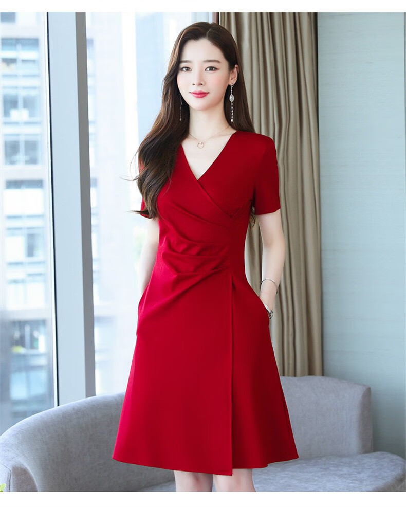 红色连衣裙女夏天薄款2022年新款韩版高腰收腹时尚百搭气质酒红裙子女
