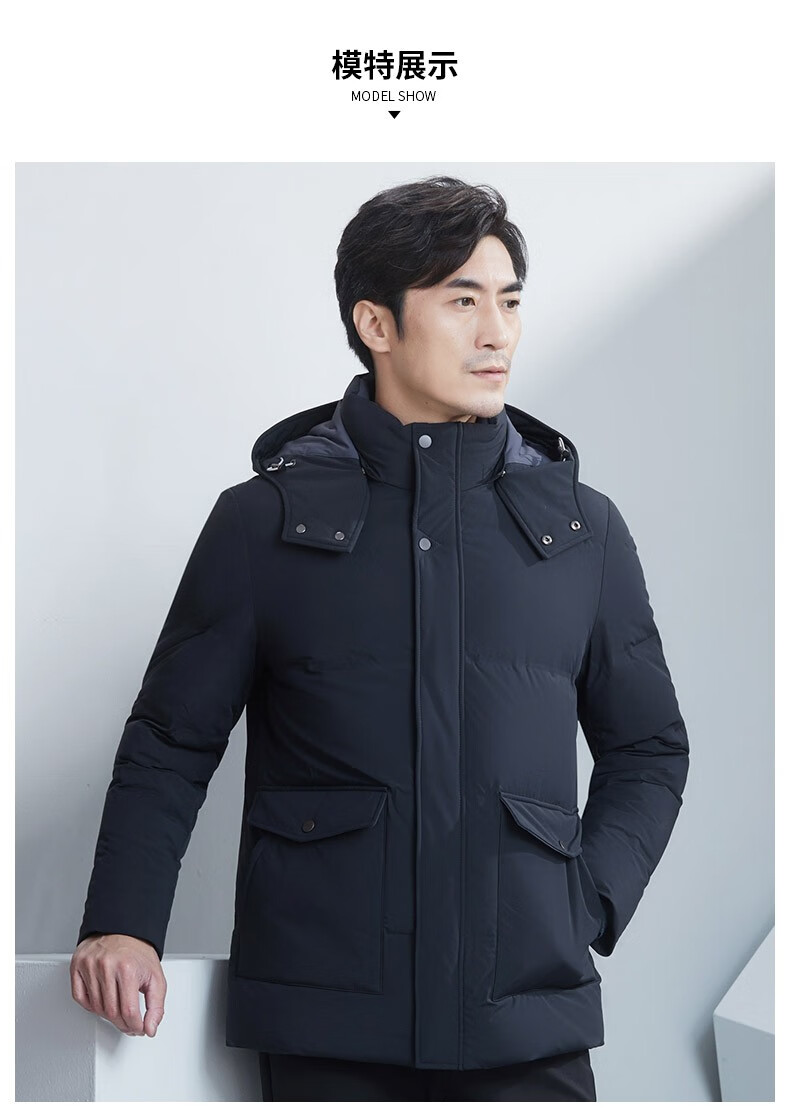 红都男士羽绒服商务休闲可拆帽鹅绒保暖中年爸爸装男装外套 深蓝色la
