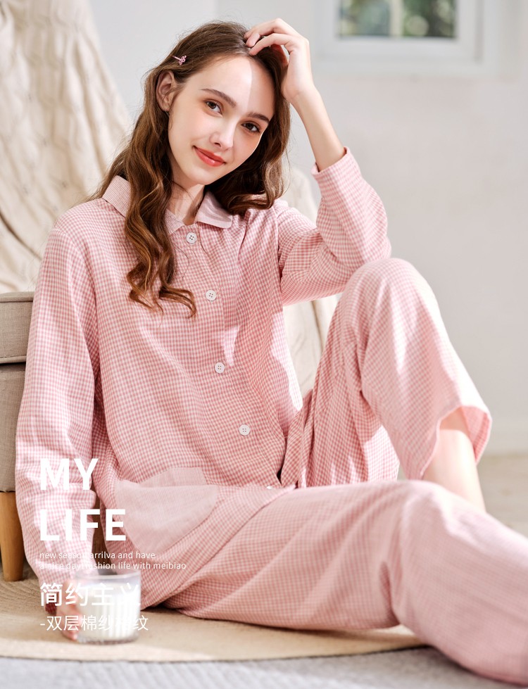 睡衣套装女春秋双层棉纱2021新款可外穿甜美格子全棉可外穿家居服冬