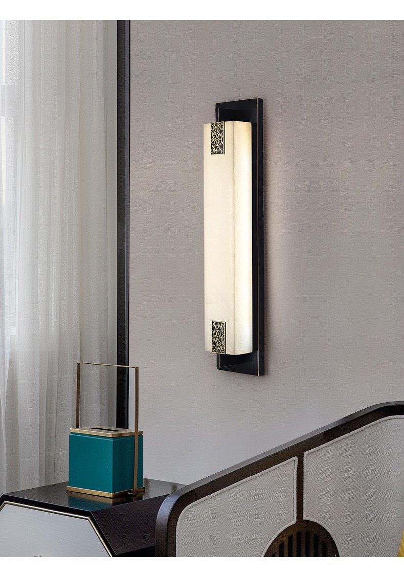 好艺家全铜壁灯卧室床头灯新中式客厅背景墙壁灯云石过道走廊灯具7067