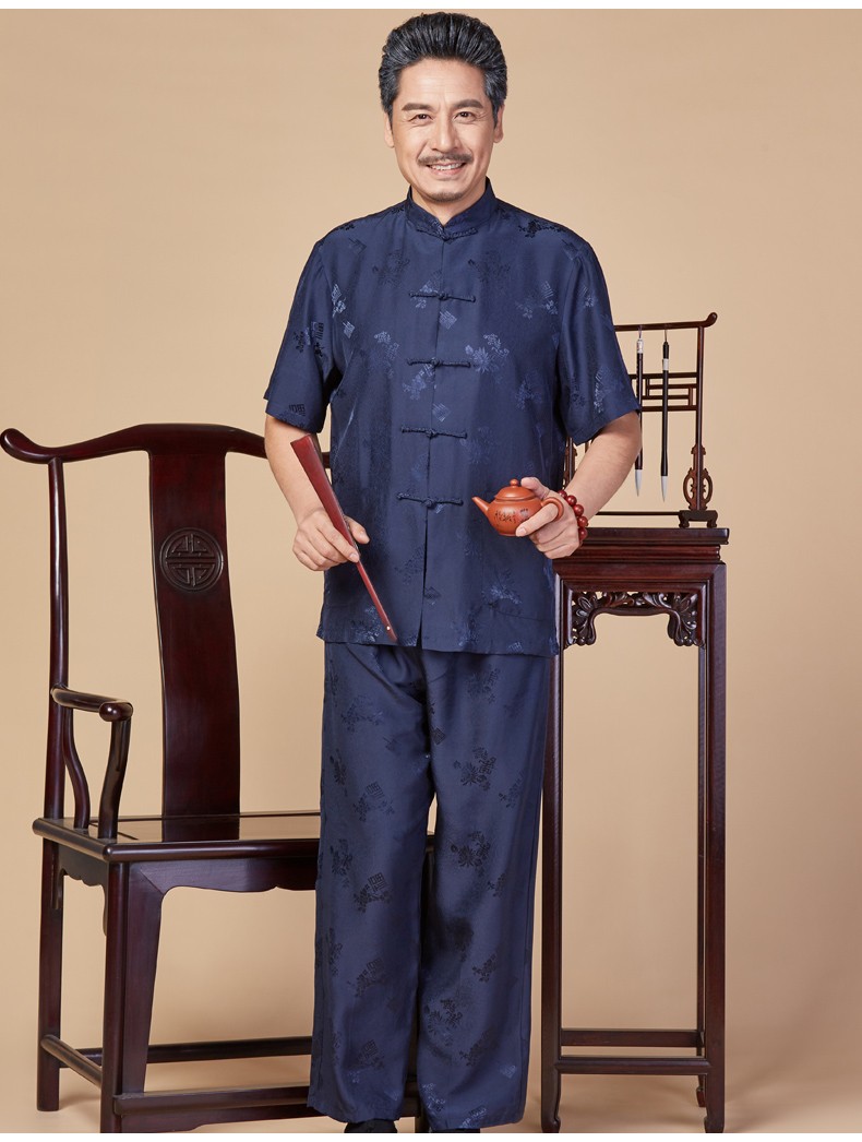 eopn品牌唐装男中国风爸爸装夏季休闲薄款真丝衬衫套装中老年人唐装