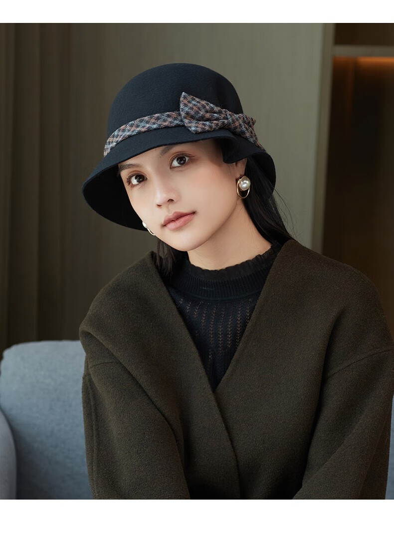 布塔时尚羊毛呢毡帽女秋冬天百搭保暖礼帽百搭大檐蝴蝶结盆帽黑色均码