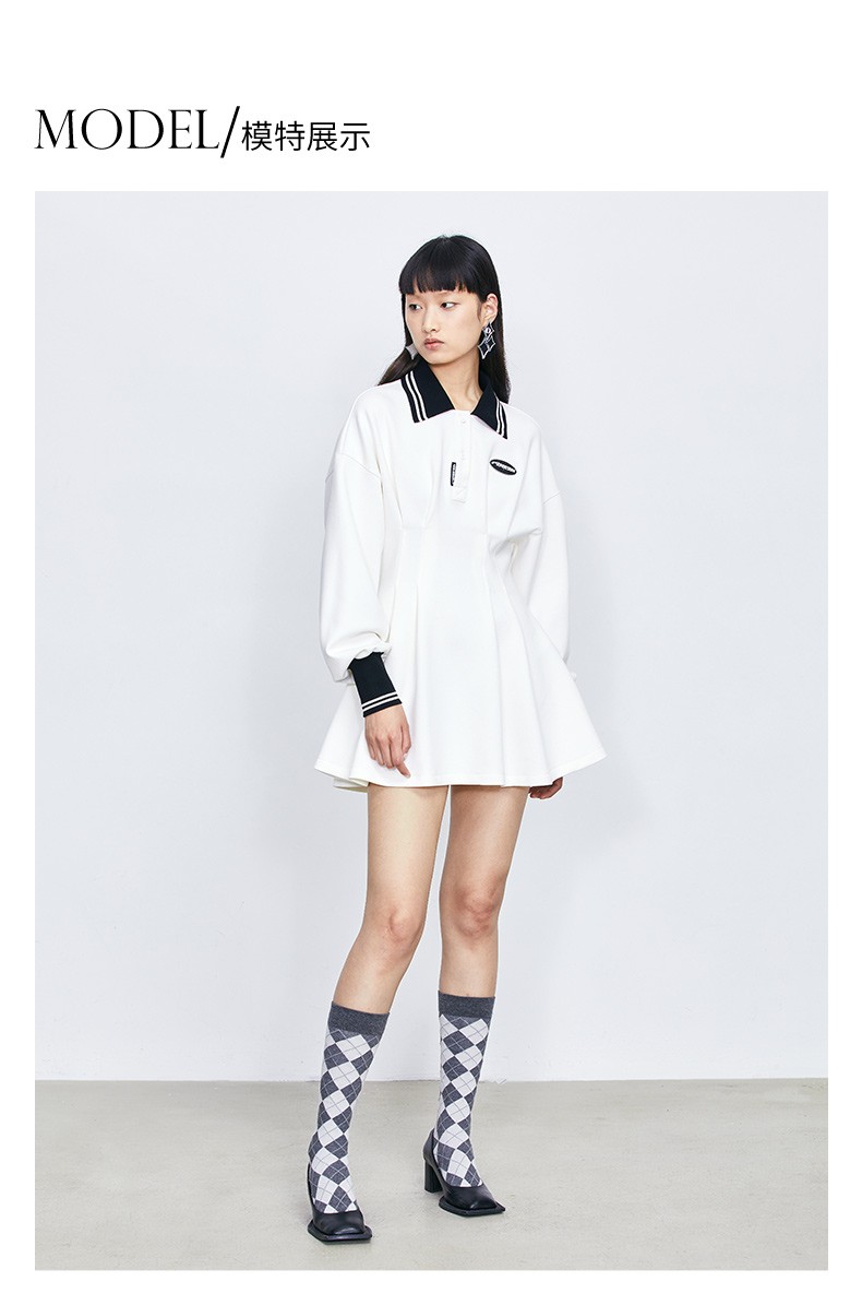 revan芮范秋季设计师款学院风polo收腰修身连衣裙拼色l40