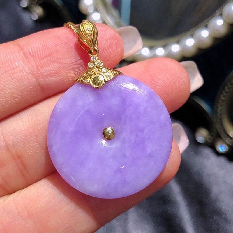 源头翡翠 翡翠紫罗兰平安扣吊坠18k金镶钻缅甸天然翡翠玉石珠宝首饰