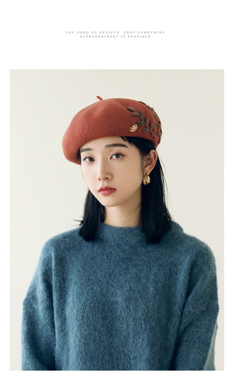 登戴品牌贝雷帽女秋冬韩版日系羊毛呢画家英伦复古南瓜帽刺绣花帽子