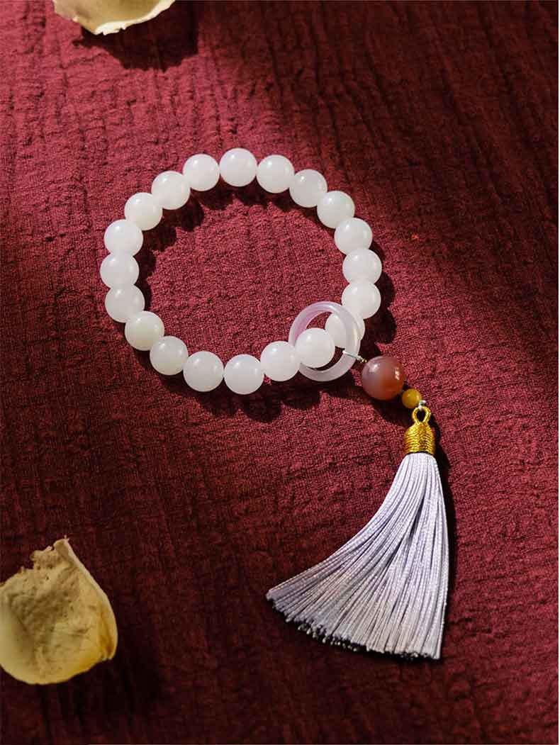 翡舞和田玉白玉手持念珠18子流苏跑环和田玉手链手串