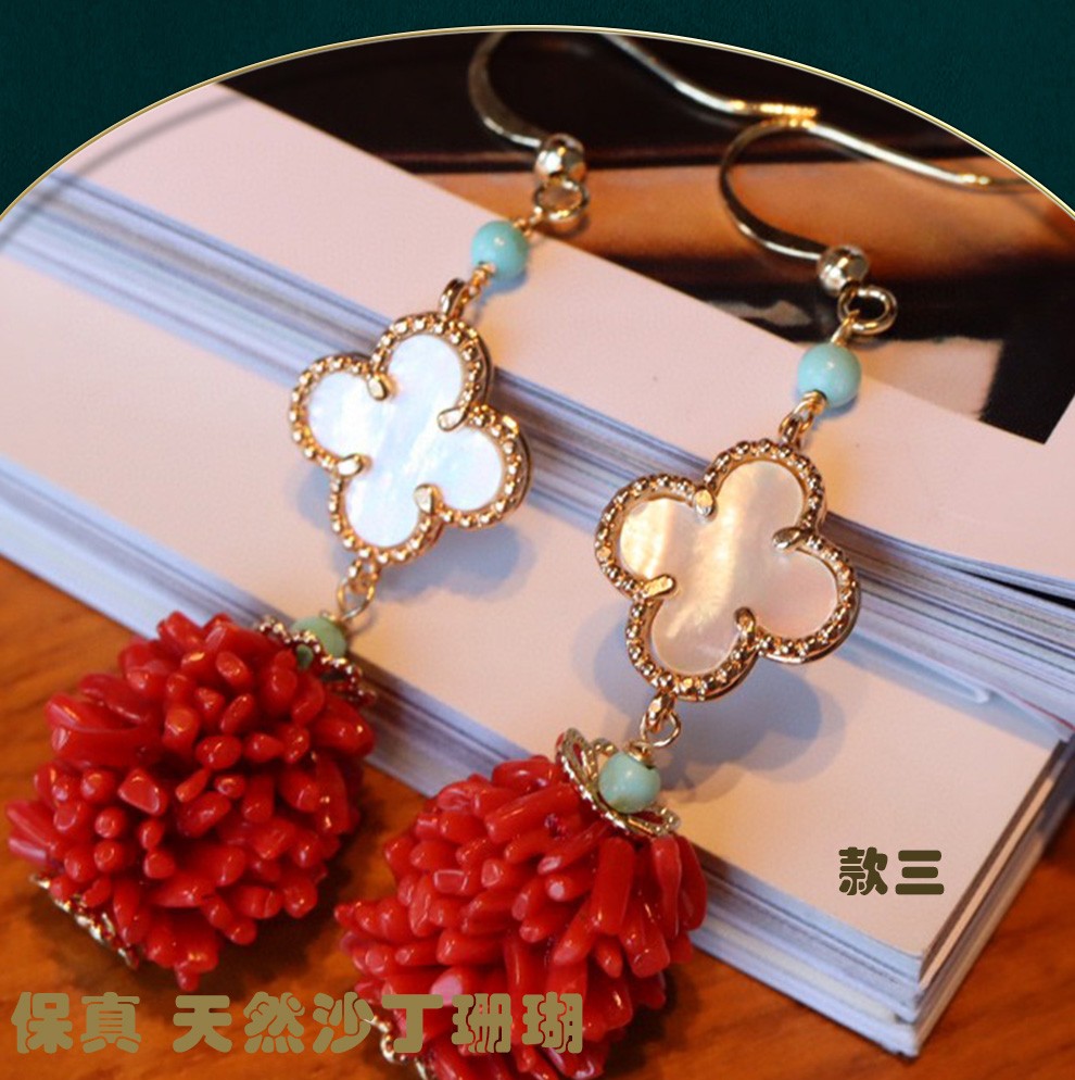 艳豪珊瑚耳坠毛毛虫民族风藏式红色珊瑚耳环天然珊瑚宝石耳钩耳饰新年