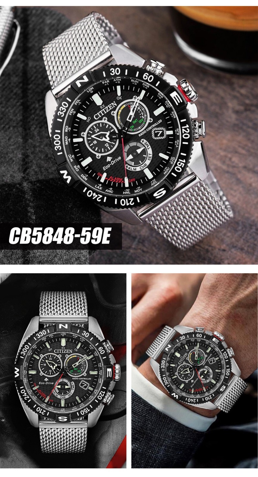 西铁城citizen空中之鹰男士手表光动能多局电波钢带计时夜光不锈钢