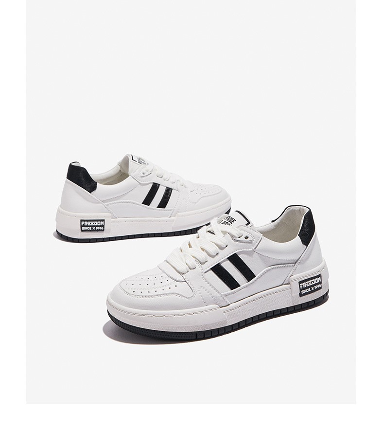 senma森马女鞋春季新款皮面简约休闲百搭板鞋厚底运动小白鞋女米黑色