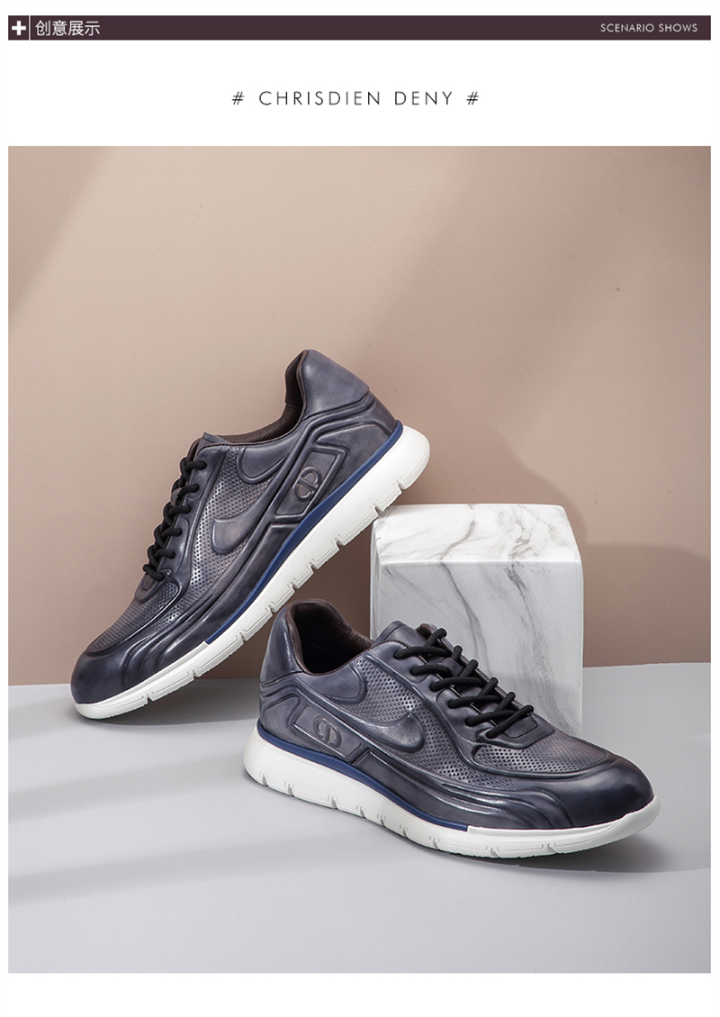 克雷斯丹尼意大利进口运动鞋男小牛皮夏季时尚青年百搭户外跑步鞋