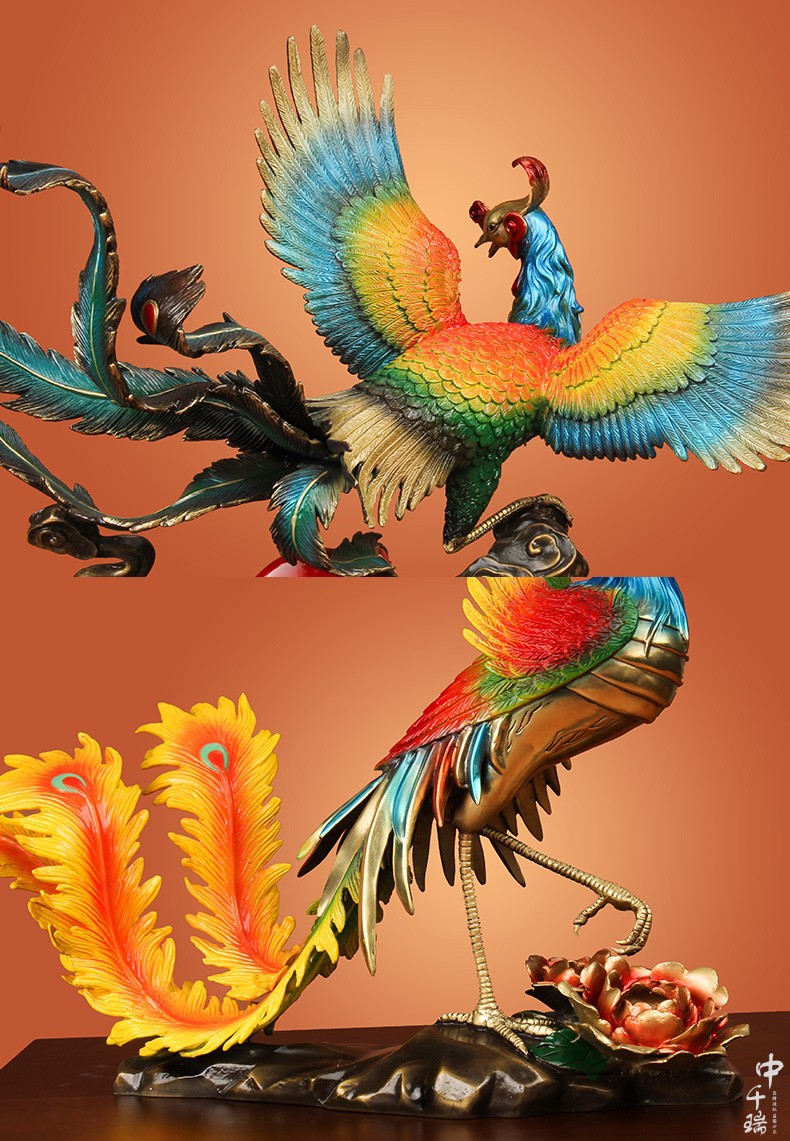 中千瑞 凤鸣朝阳纯铜火凤凰摆件百鸟朝凤中式家居客厅玄关书房老板