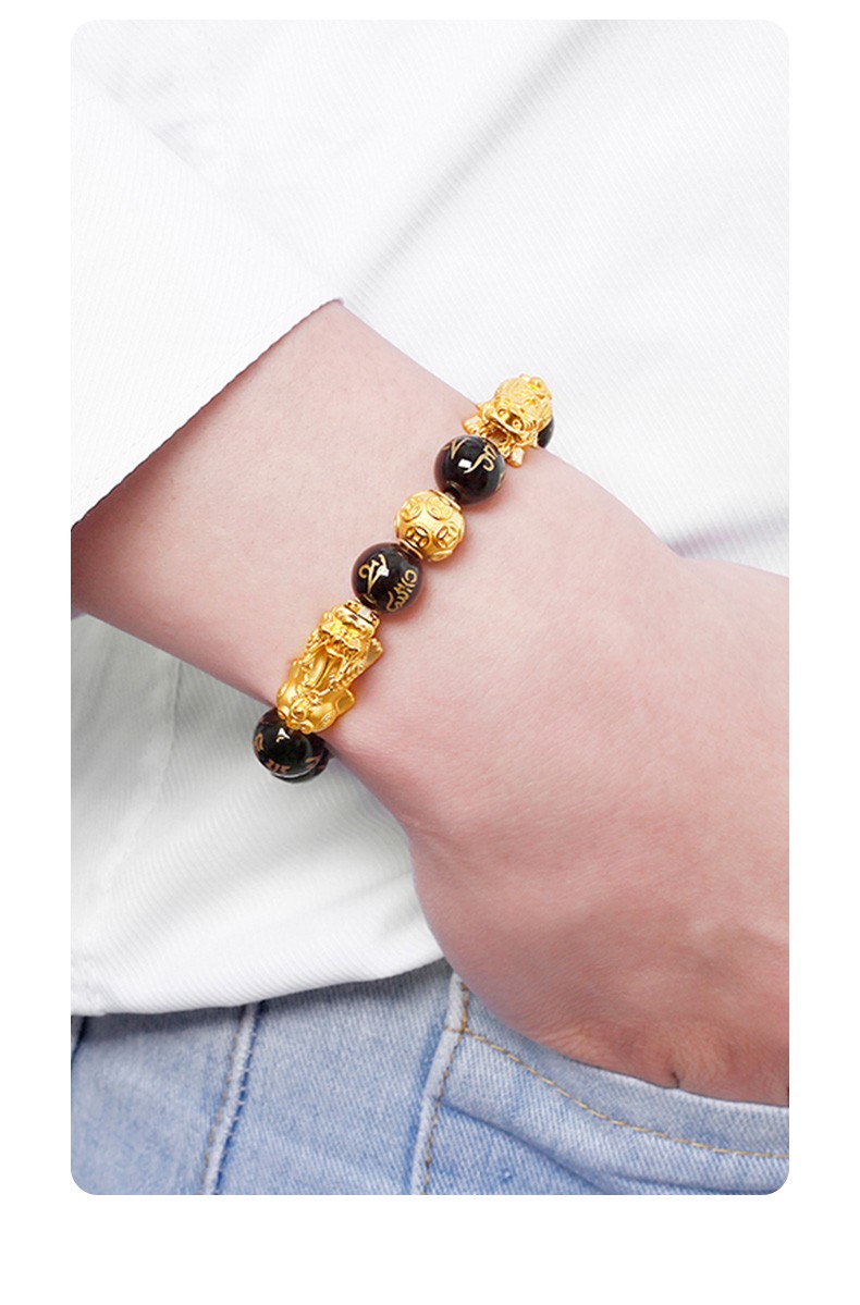 七夕节礼物中国黄金六字真言3d硬金貔貅手链男款999足金转运珠黄金