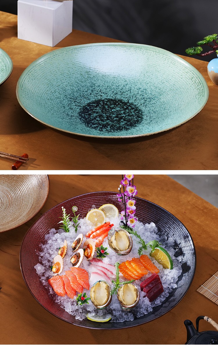 高端刺身盘冰盘大三文鱼摆盘盘子鱼生专用盘海鲜拼盘干冰餐具商用绿色